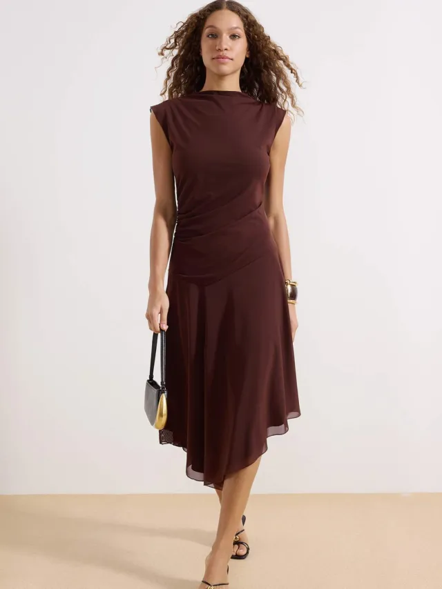 Trendyol TRENDYOLMİLLA Dames Bruin Effen Midi Mouwloos Zakelijk Skater Jurken