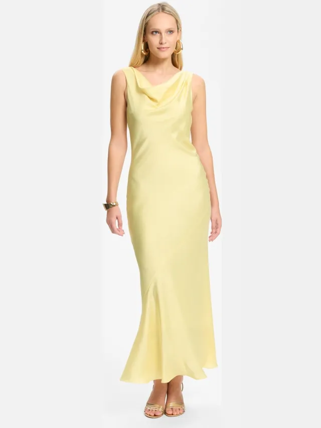 Swing Avondjurk - Pastel Geel - Satijn Look - Waterfall Halslijn - Maxi Lengte - Galajurk Chocoladebruin