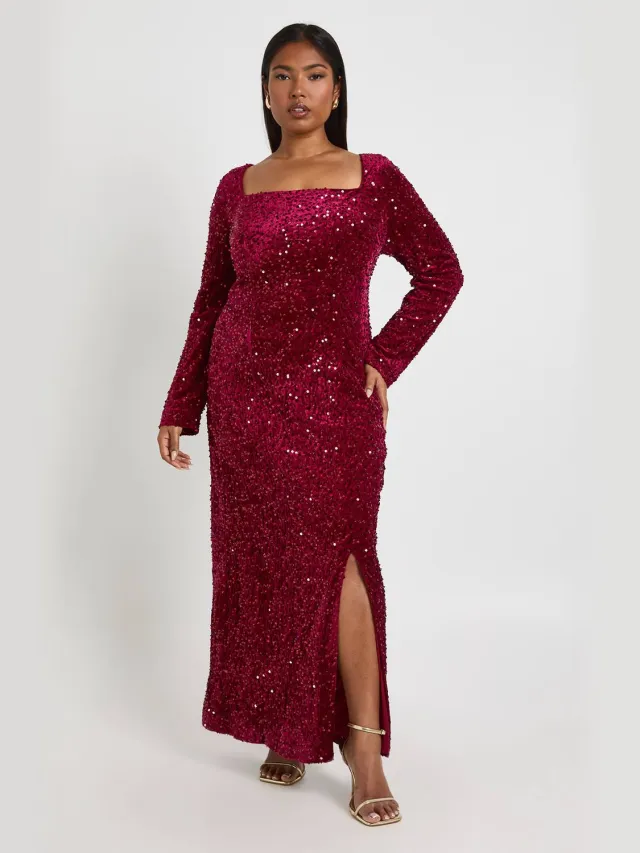 boohoo Dames Plus Jurk met Lange Mouwen en Vierkante Hals Bordeaux Rood