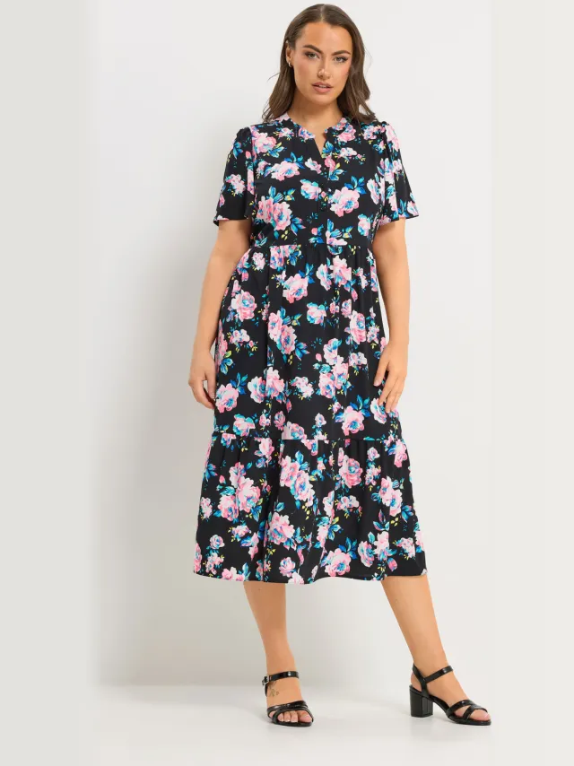 Yours Zwarte Jurk Met Bloemenprint En Halve Knoopsluiting Black
