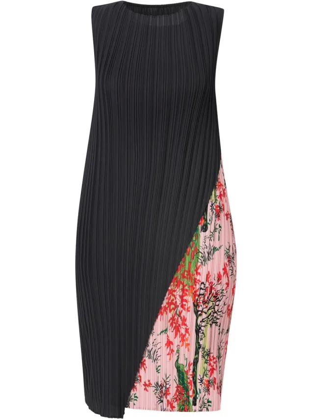 Ulla Popken Dames - Geplooide midi-jurk dubbellaags ronde hals mouwloos - Zwart - Maat 58+