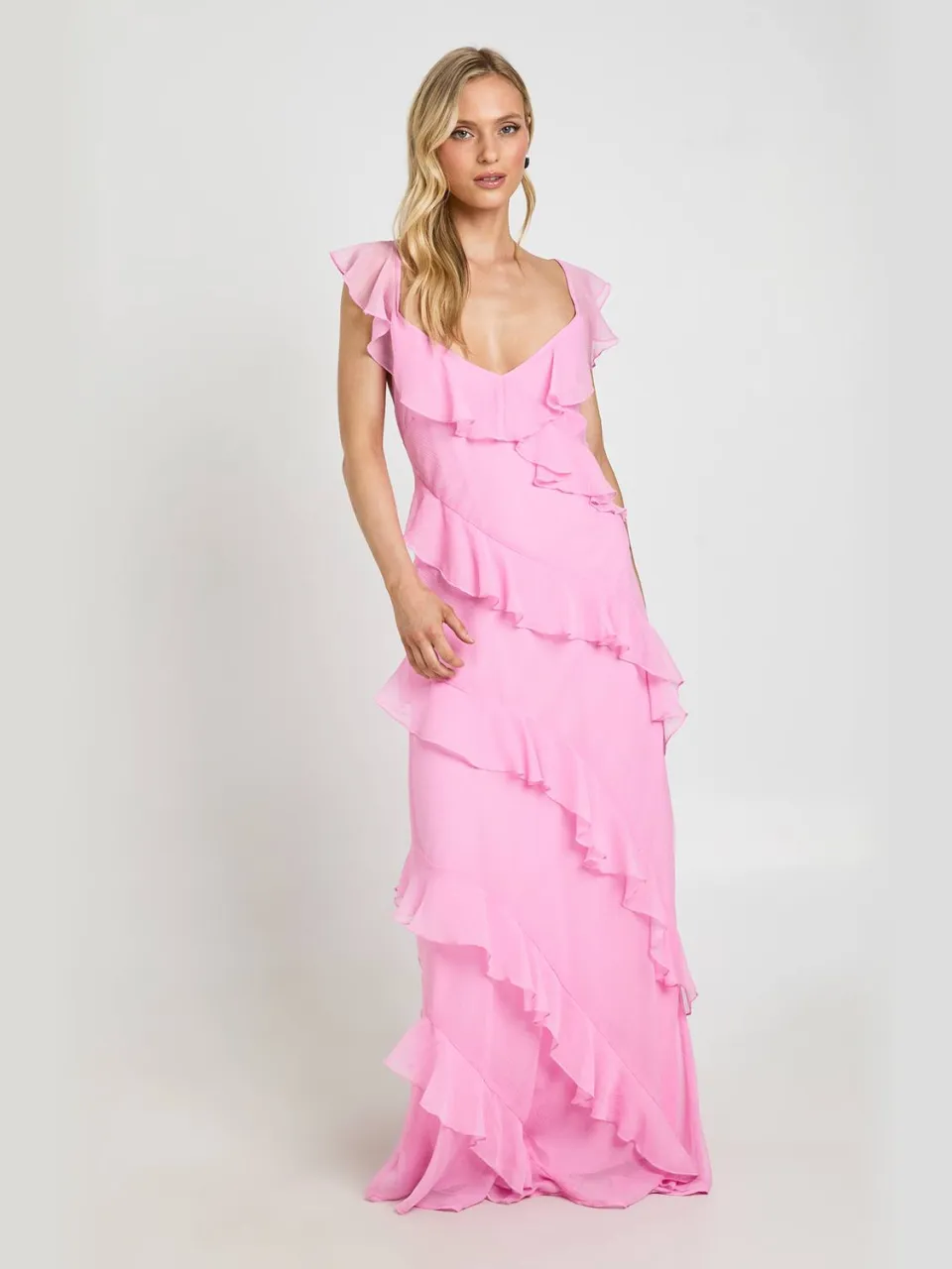 boohoo Dames Petite Chiffon Ruffle Vloerlange Maxi Jurk roze, foto 2