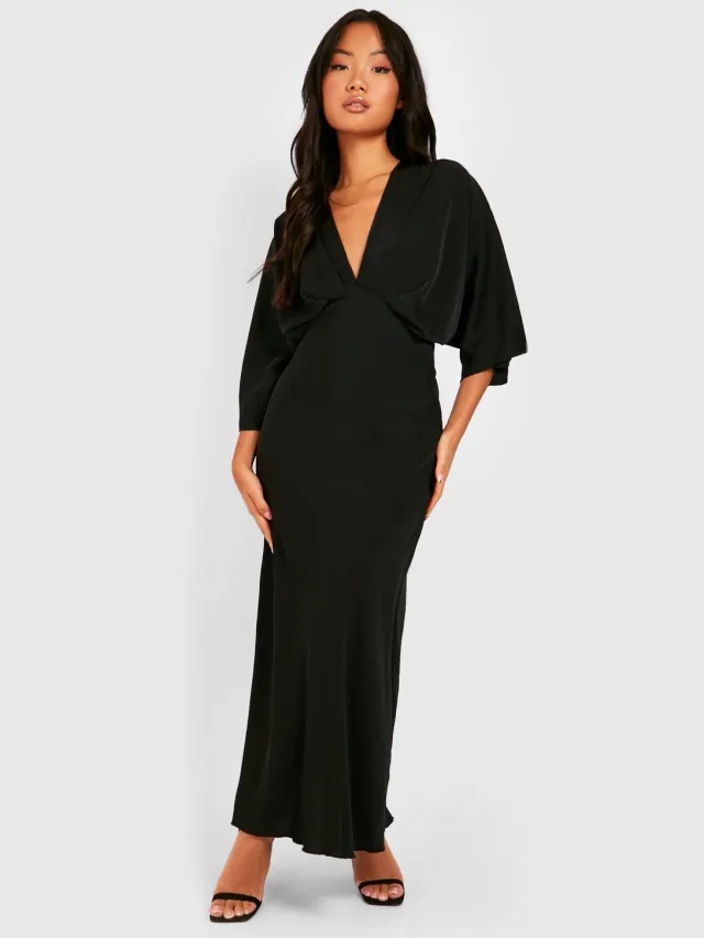 boohoo Dames Petite Bias Cut Engelmouwen Maxi-Jurk Zwart