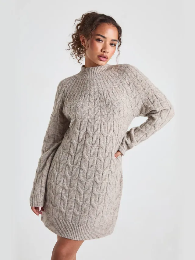 boohoo Dames Gebreide mini-jurk met hoge hals en kabeldetail Steen