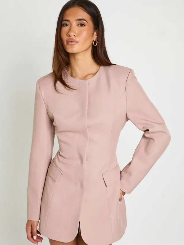 boohoo Dames Getailleerde Jurk Met Tonvormige Mouwen En Verborgen Knoopsluiting Roos