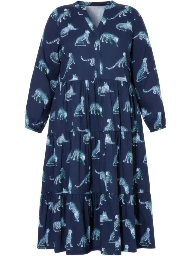 Studio Untold Dames - Maxi-jurk luipaarden V-hals volants - Marine - Maat 42+