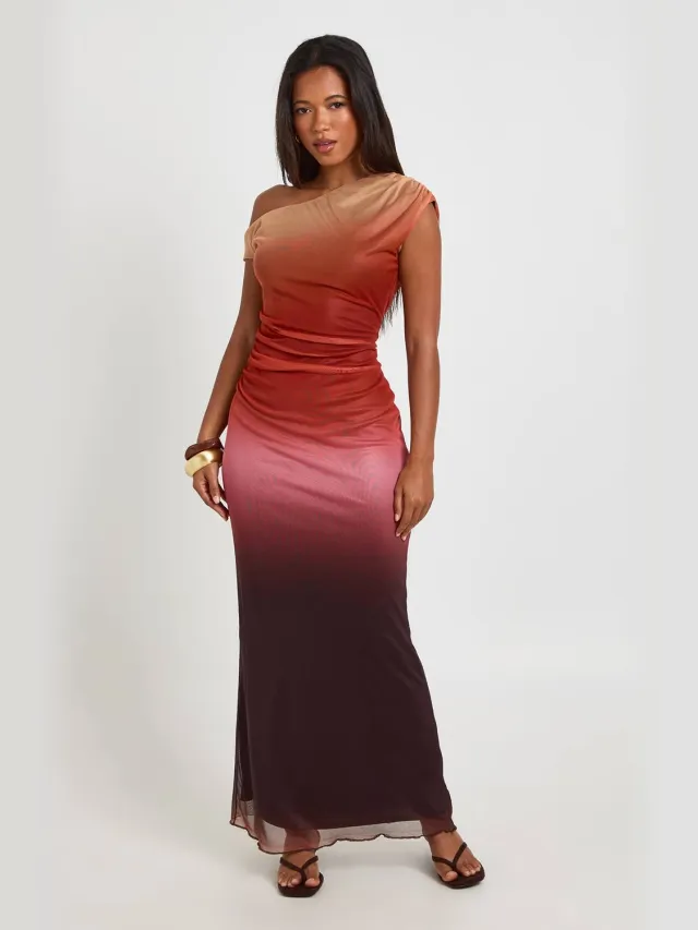boohoo Dames Ombre Bedrukte Mesh Asymmetrische Hals Maxi Jurk Oranje