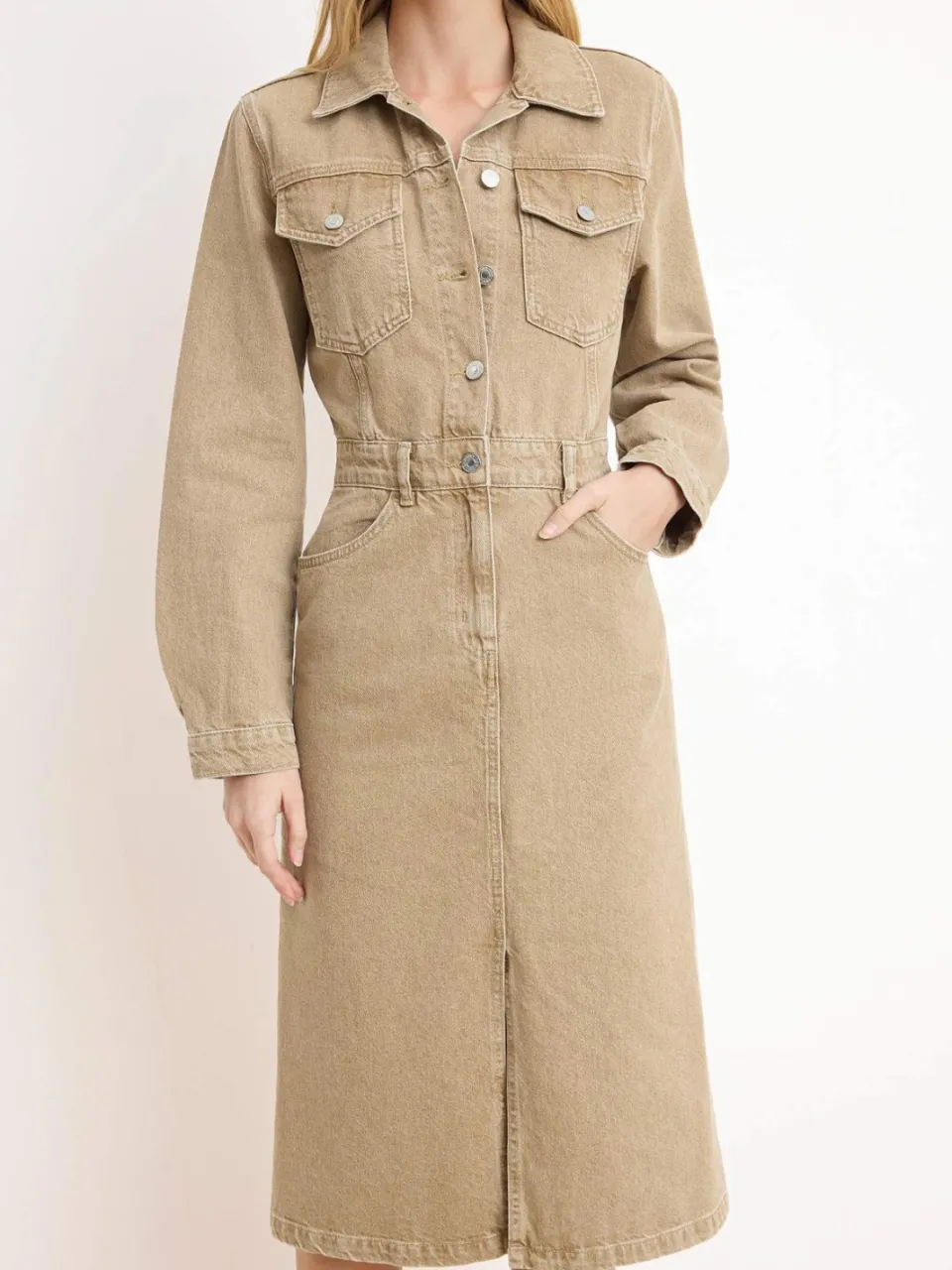 Trendyol TRENDYOLMİLLA Dames Beige Effen Midi Lang Casual Blousejurk Jurken, foto 2