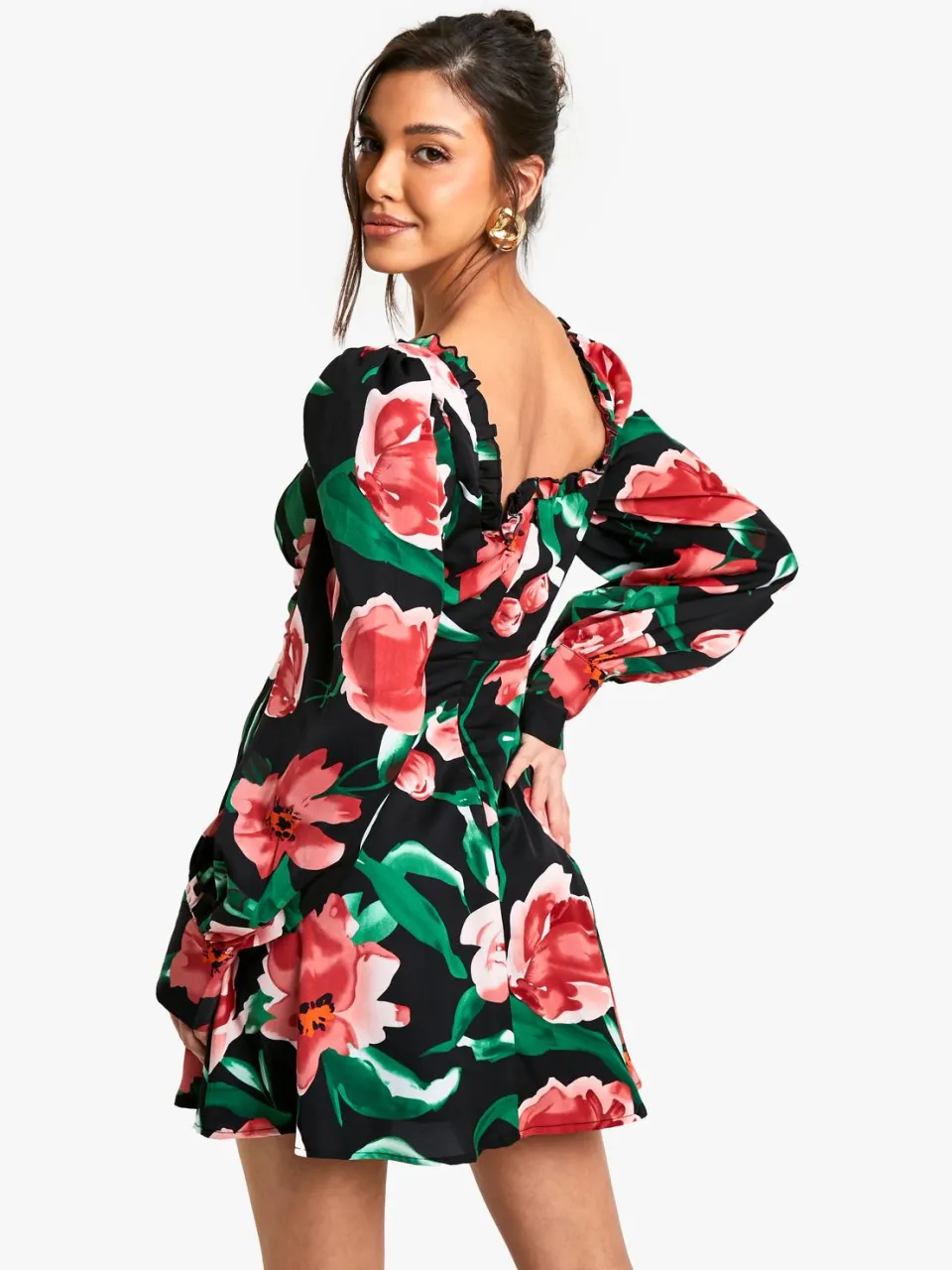 boohoo Dames Bloemige Corset Melkmeisje Mini Jurk zwart, foto 2