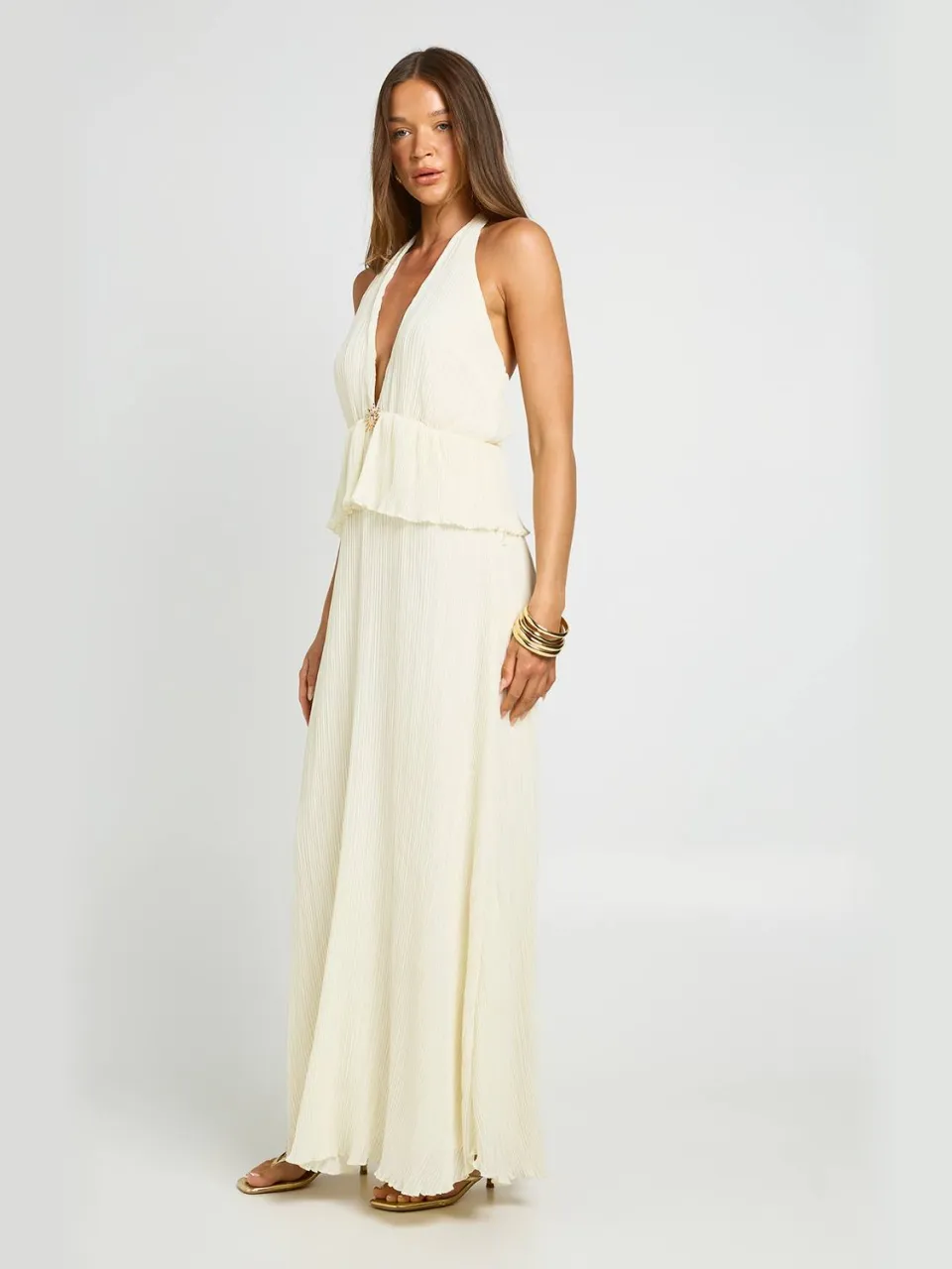 boohoo Dames Geplisseerde Maxi Jurk Met Gouden Details En Diepe Halslijn, foto 2