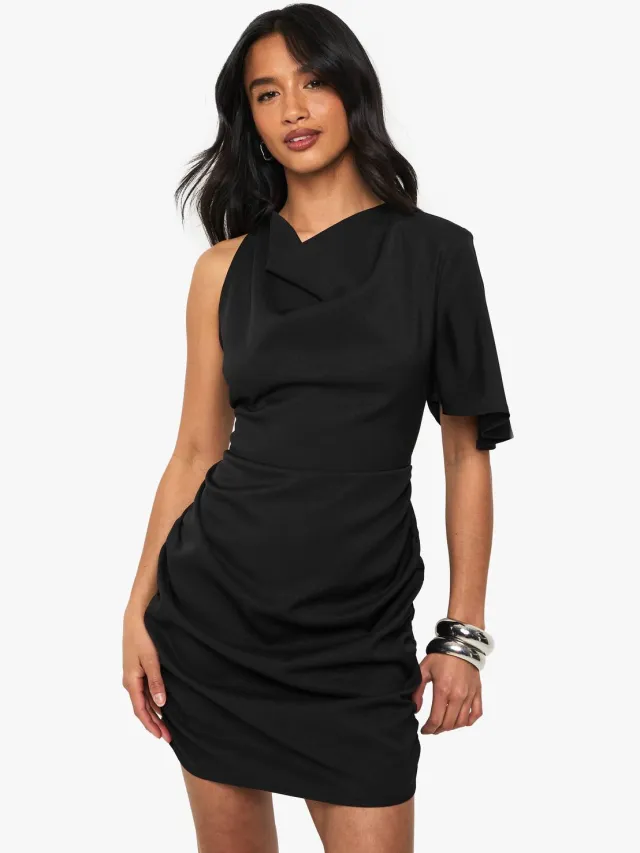 boohoo Dames Petite Drape Detail Asymmetrische Mini-jurk Zwart