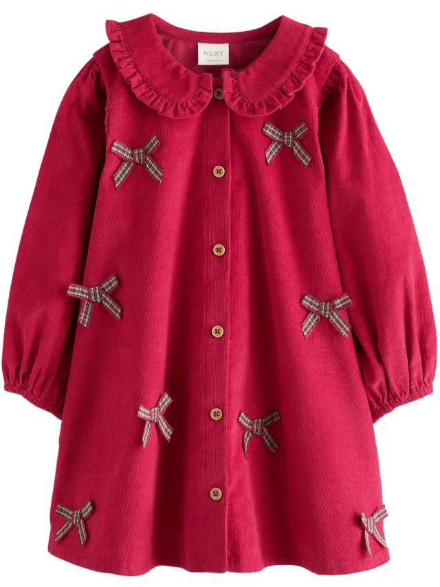 Next Meisjes - Corduroy jurk met 3D-strik en kraag - Rood Red