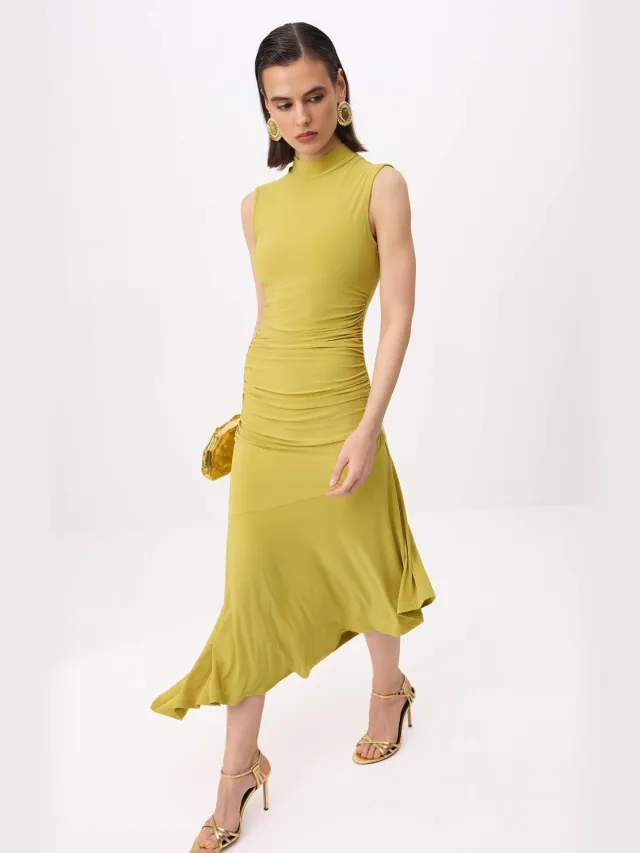 Trendyol TRENDYOLMİLLA Dames Groen Effen Midi Mouwloos Stijlvol/Avond Asymmetrisch Jurken