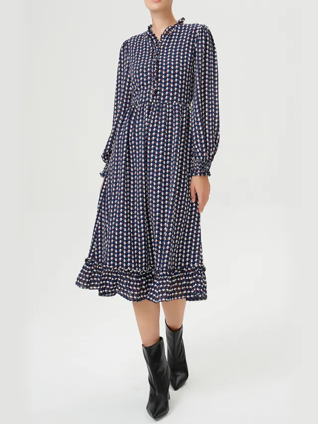 Smart & Joy Blouse -jurk met ruches en vintage geometrische print blauw, foto 2