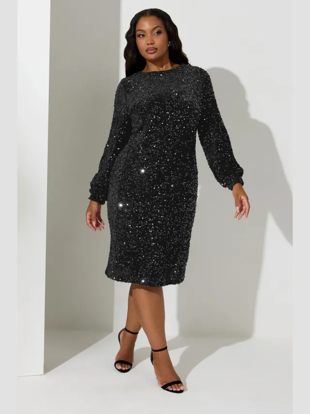 Yours London Shiftjurk Van Fluweel Met Pailletten En Lange Mouwen In Zwart Black