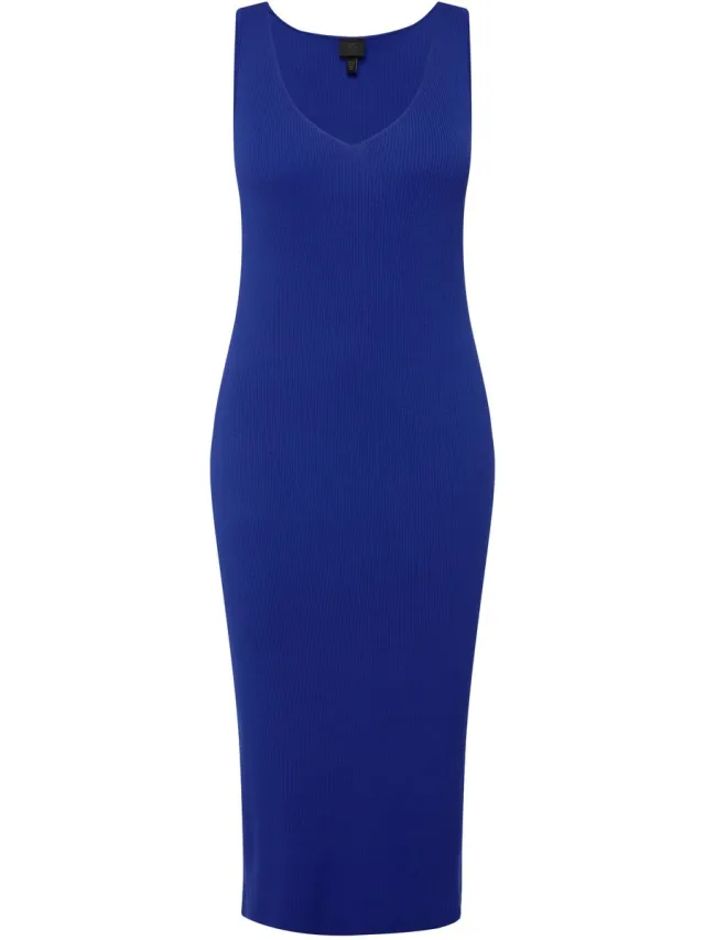 Ulla Popken Dames - Gebreide jurk ribgebreid slim midi-lengte V-hals mouwloos - Azuurblauw - Maat 46+