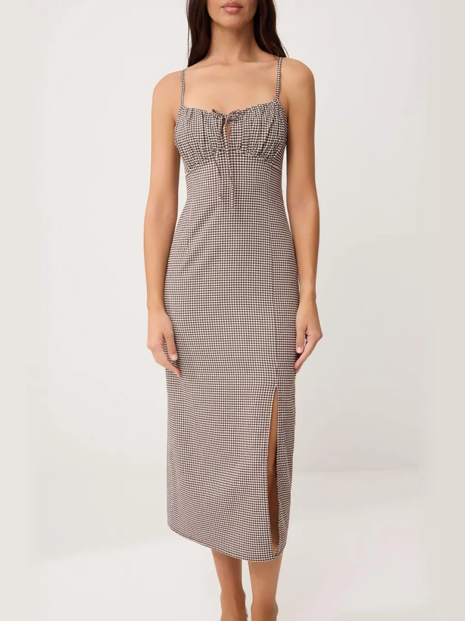 Trendyol TRENDYOLMİLLA Dames Bruin Geruit Midi Mouwloos Avond / Dagelijks Bodycon Jurken, foto 2
