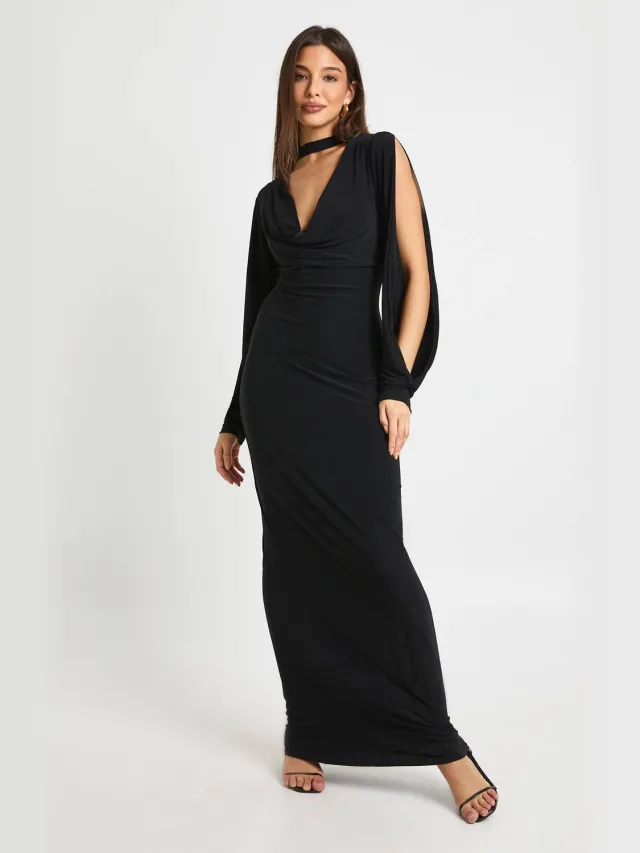 boohoo Dames Choker-hals, lange mouwen, open armdetail midi-jurk Zwart