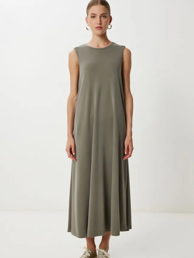 Happiness Istanbul Casual Losse Midi-jurk met Zakken Kaki