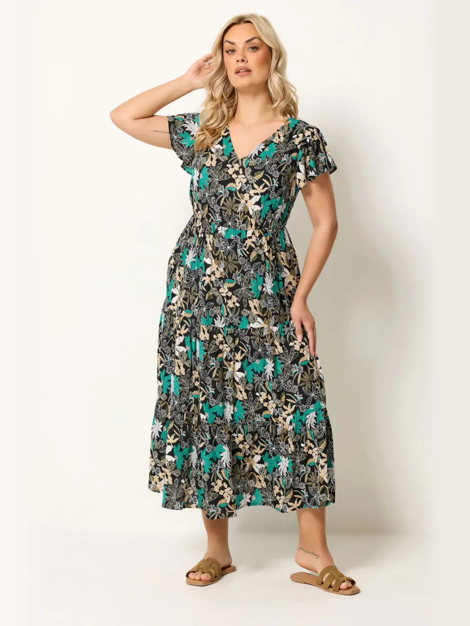 Yours Zwarte En Groene Bloemenprint Smockjurk, foto 2