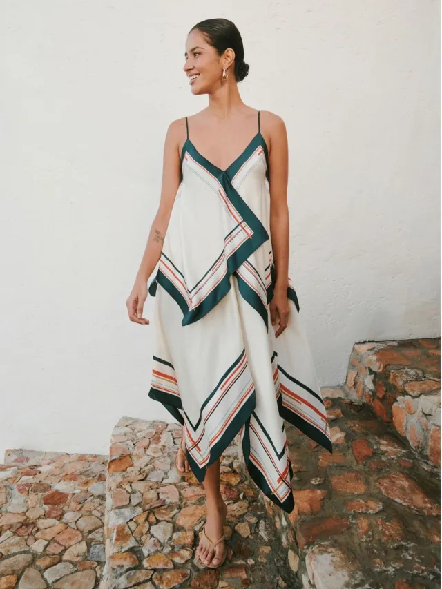 Next Dames - Midi-jurk met sjaal en asymmetrische zoom - Crème Ecru/Blue Stripe