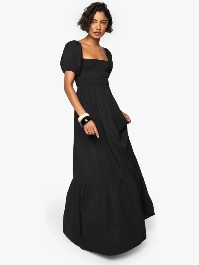 boohoo Dames Lange pofmouw geraffineerde midaxi-jurk Zwart