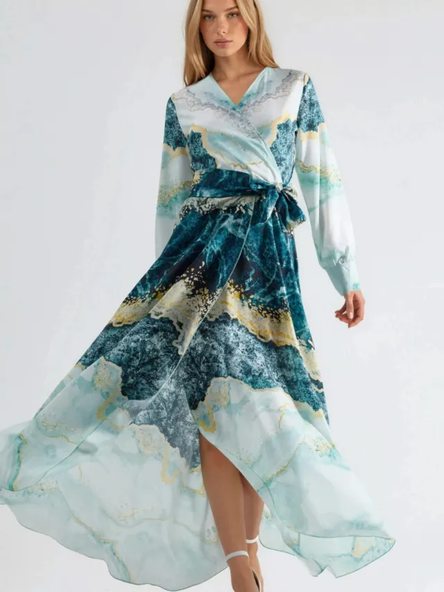 MSN Collection Abstracte Afdruk Lange Mouwen Maxi Jurk met Strikdetail Groen