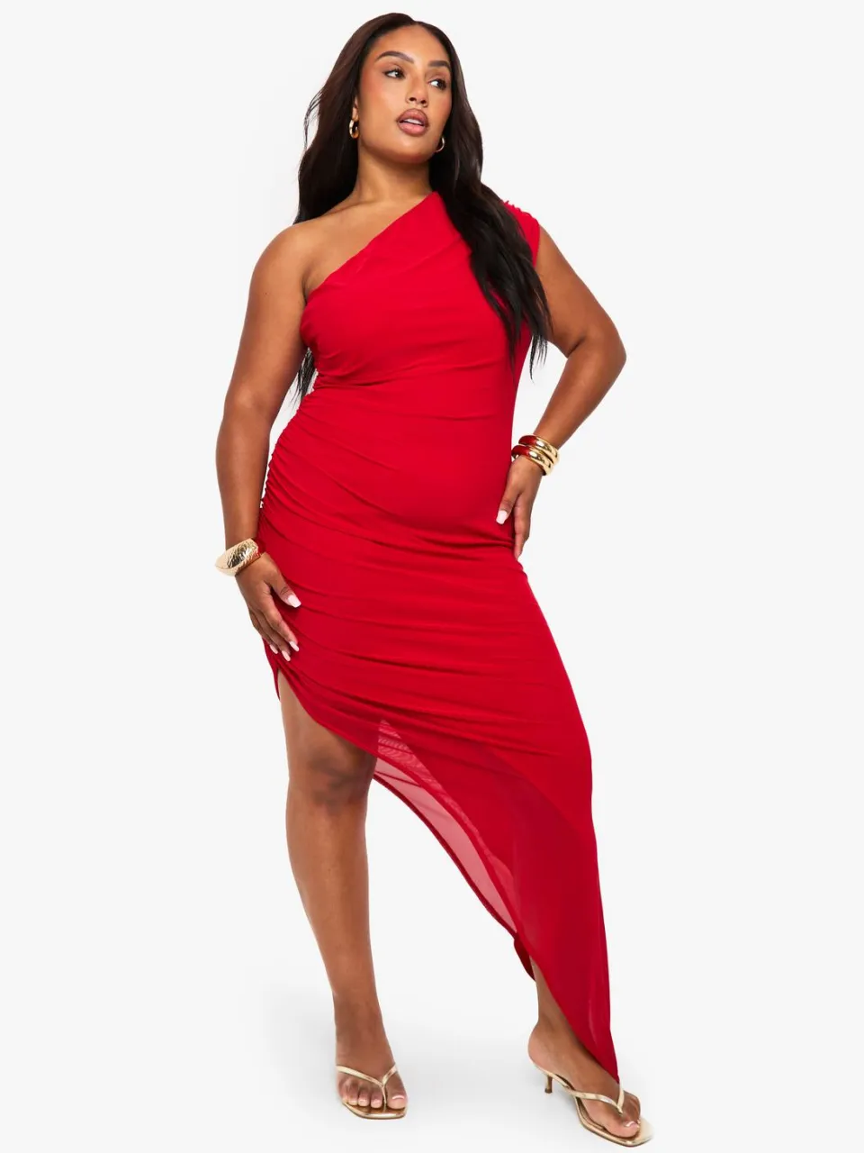 boohoo Dames plus gedrapeerde mesh maxi-jurk rood, foto 2