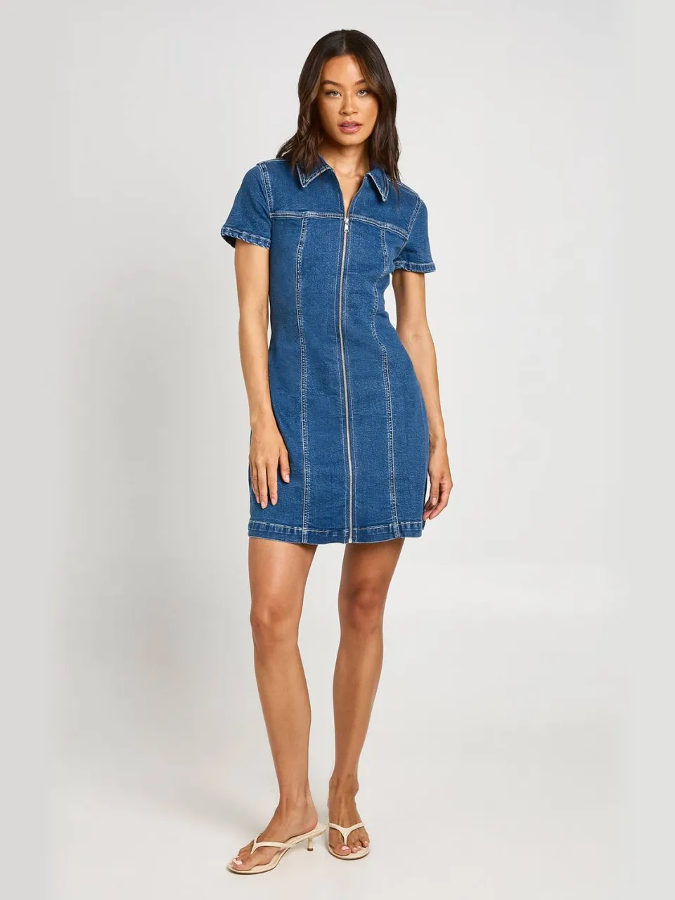 boohoo Dames Lange Denim Jurk Met Korte Mouwen En Rits Aan De Voorkant, foto 3