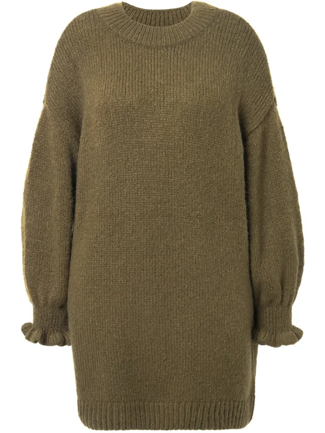 Studio Untold Dames - Gebreide jurk oversized mouwen met ruches - Donkerolijf - Maat 46+