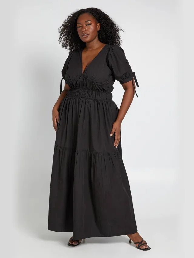 boohoo Dames Plus Maxi Jurk Met Pofmouwen En V-hals Zwart