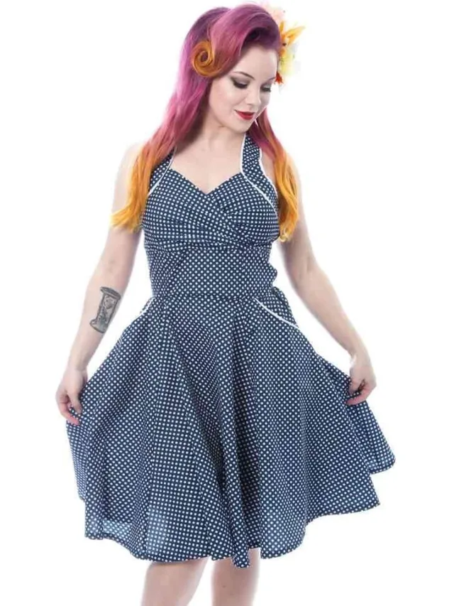 Rockabella GRACE Flare jurk - L - Blauw/Wit