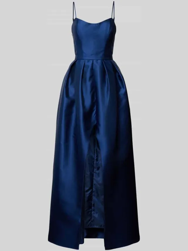 Vera Wang Avondjurk met spaghettibandjes, model 'LECROS' donkerblauw, foto 2
