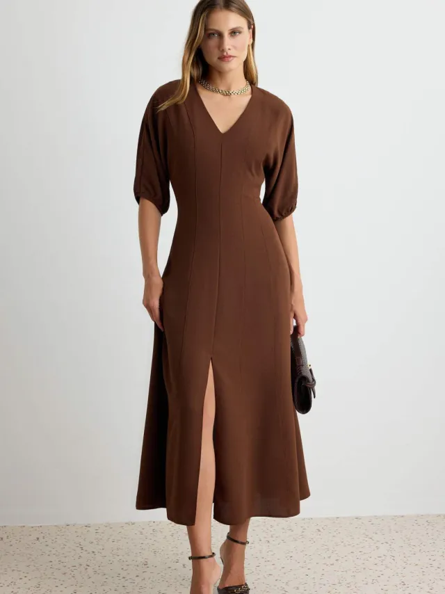 Trendyol TRENDYOLMİLLA Dames Bruin Effen Midi Kort A-lijn Jurken