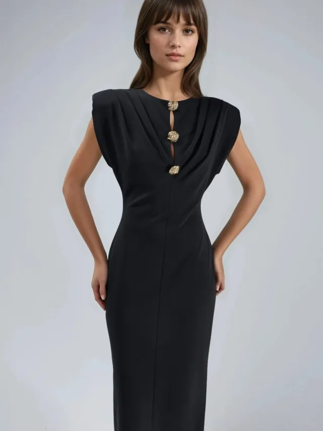 Busem Slim Fit Midi-jurk met Accessoire Detail Zwart