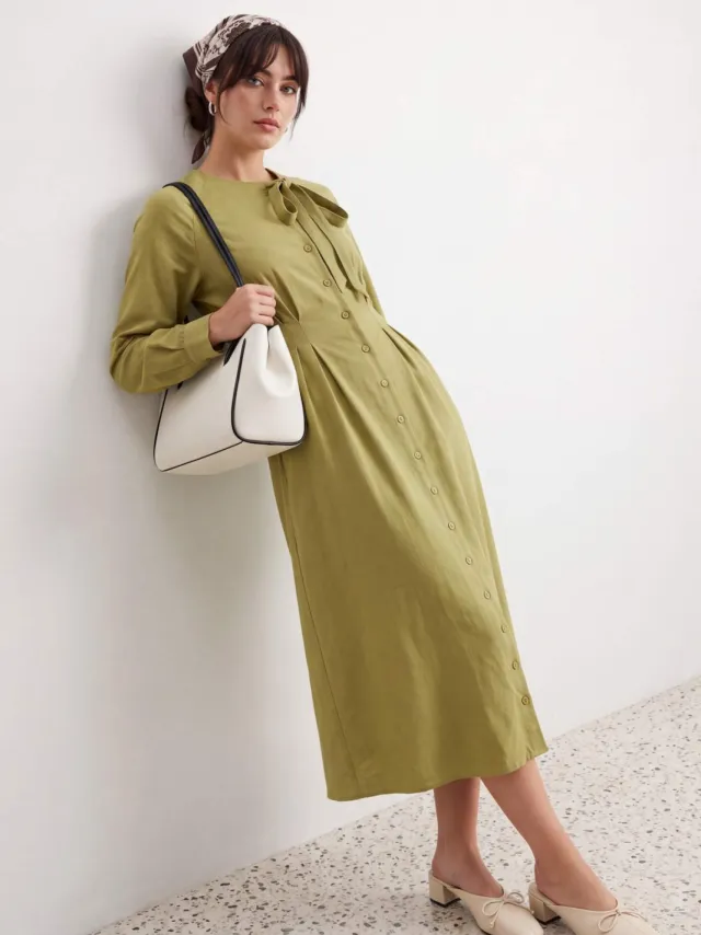 Trendyol Modest Dames Kaki Effen Maxi Lang Blousejurk Modest Jurken