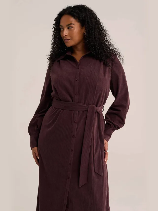 WE Fashion Curve Plus Size corduroy midi blousejurk met ceintuur - donkerrood