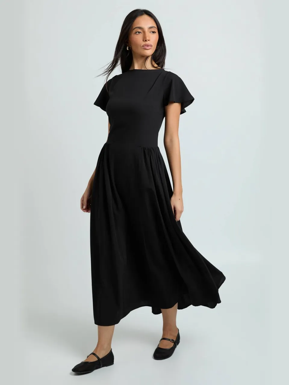 boohoo Dames Getextureerde Wijduitlopende Mouw Volume Rok Midaxi Jurk zwart, foto 3
