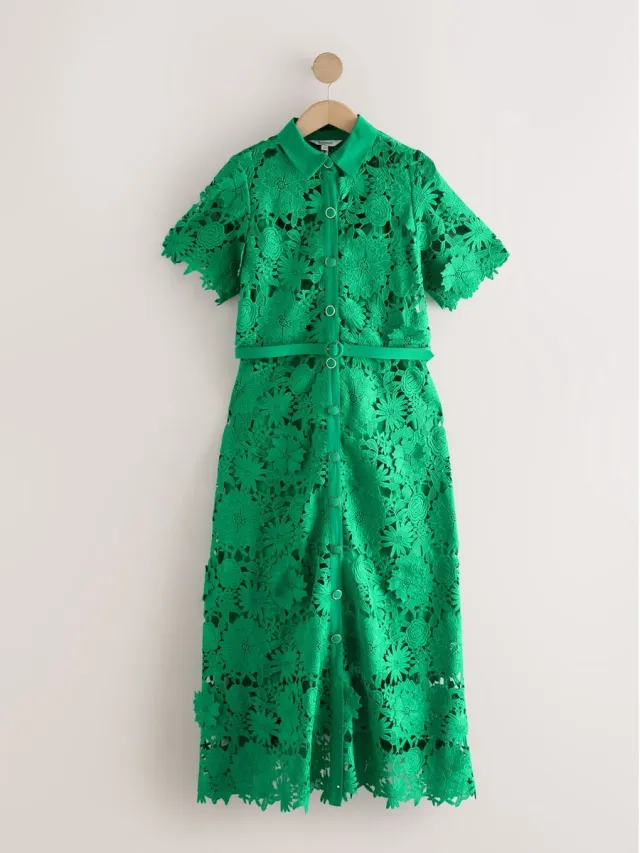 Next Dames - Midi-overhemdjurk met korte mouwen en kant voor speciale gelegenheden - Groen