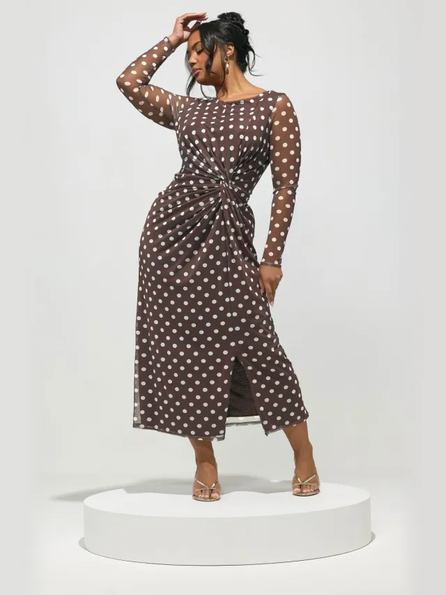 Yours London Chocoladebruine Jurk Met Polkastippen En Knoop Size Petite > 38 Brown