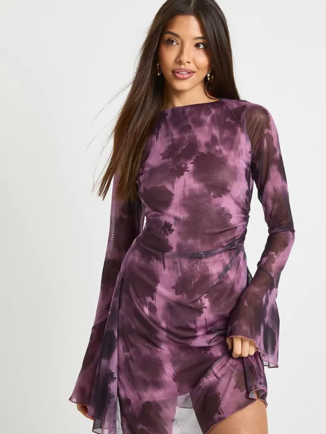 boohoo Dames Wazig Bloemen Mesh A-Lijn Mini Jurk mauve, foto 2