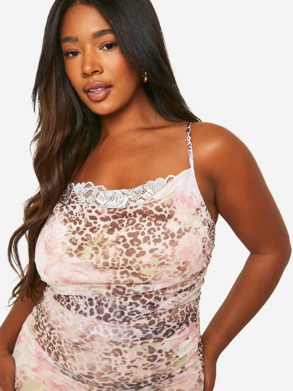 boohoo Dames Plus Mesh Luipaardprint Maxi Jurk met Kantdetail, foto 2