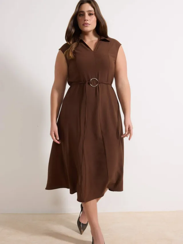 Trendyol Curve Dames Bruin Effen Maxi Mouwloos Casual Recht Grote maten Jurk