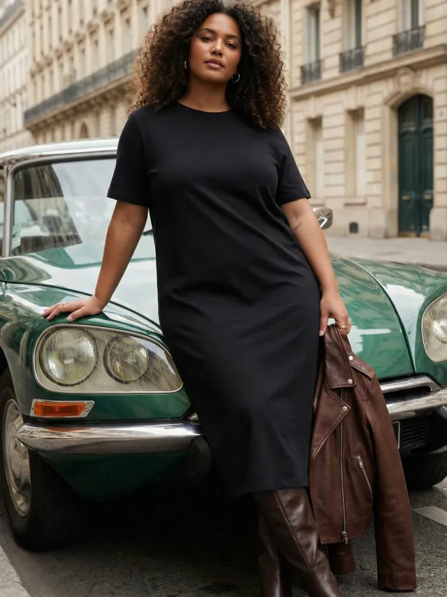Trendyol Curve Dames Zwart Effen Midi Kort Casual Recht Grote maten Jurk, foto 2