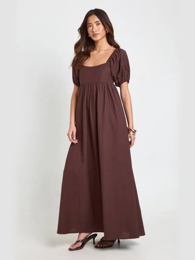 boohoo Dames Linnen Maxi Jurk Met Pofmouwen En Gerimpeld Lijfje chocoladebruin