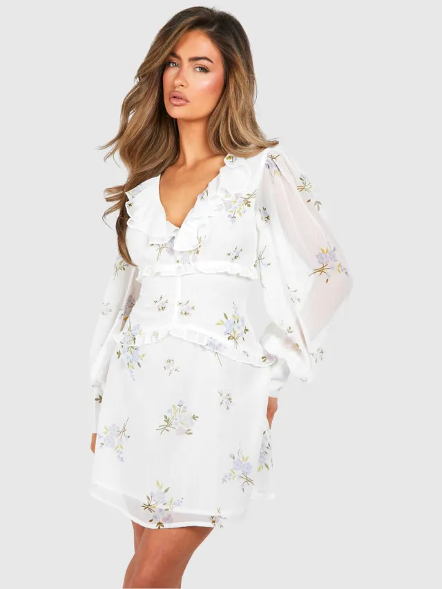 boohoo Dames Florale Chiffon Ruffle Minijurk Bloemen