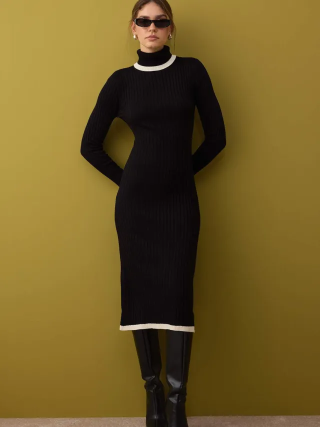 Trendyol TRENDYOLMİLLA Dames Zwart Effen Midi Lang Casual Recht Jurken