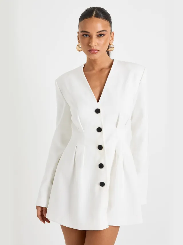 boohoo Dames Lange mouwen kraagloze getailleerde mini-jurk Wit