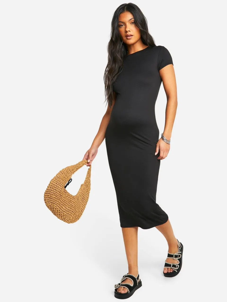 boohoo Dames Maternity Super Soft Short Sleeve Midaxi Dress zwart, foto 2