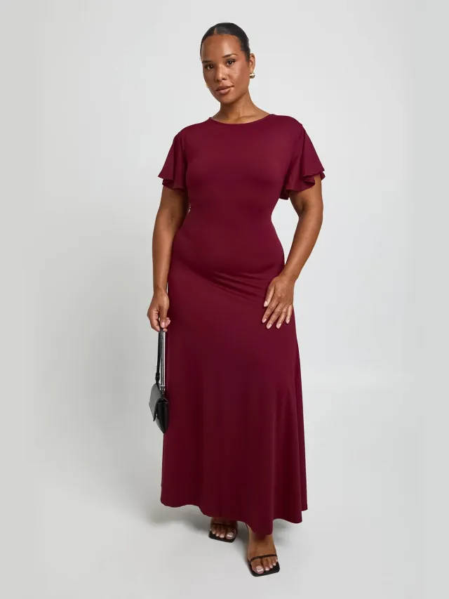 boohoo Dames Plus Super Zachte Zwierige Jurk Met Vlindermouwen Midaxi Bessen